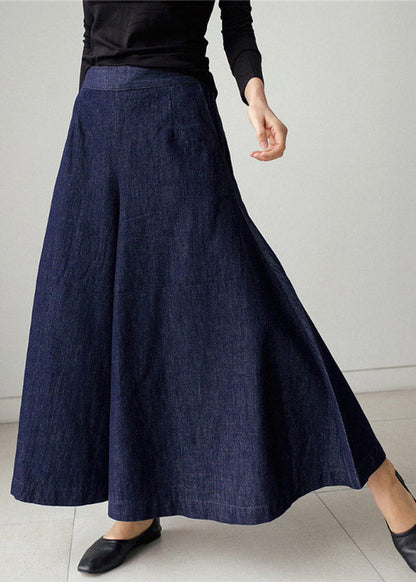 Blue Pockets Wide Leg Denim Pants Spring