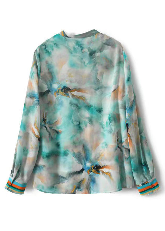 Blue Print Button Silk Blouses Spring