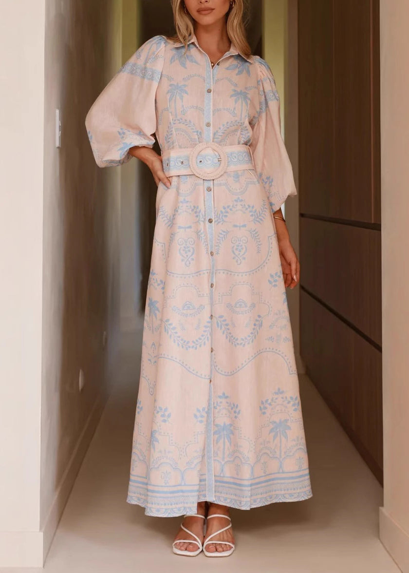 Blue Print Maxi Dresses Lantern Sleeve