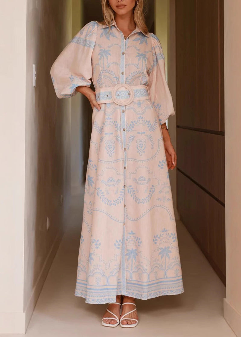 Blue Print Maxi Dresses Lantern Sleeve