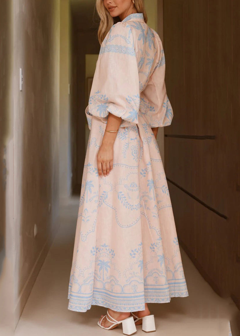 Blue Print Maxi Dresses Lantern Sleeve