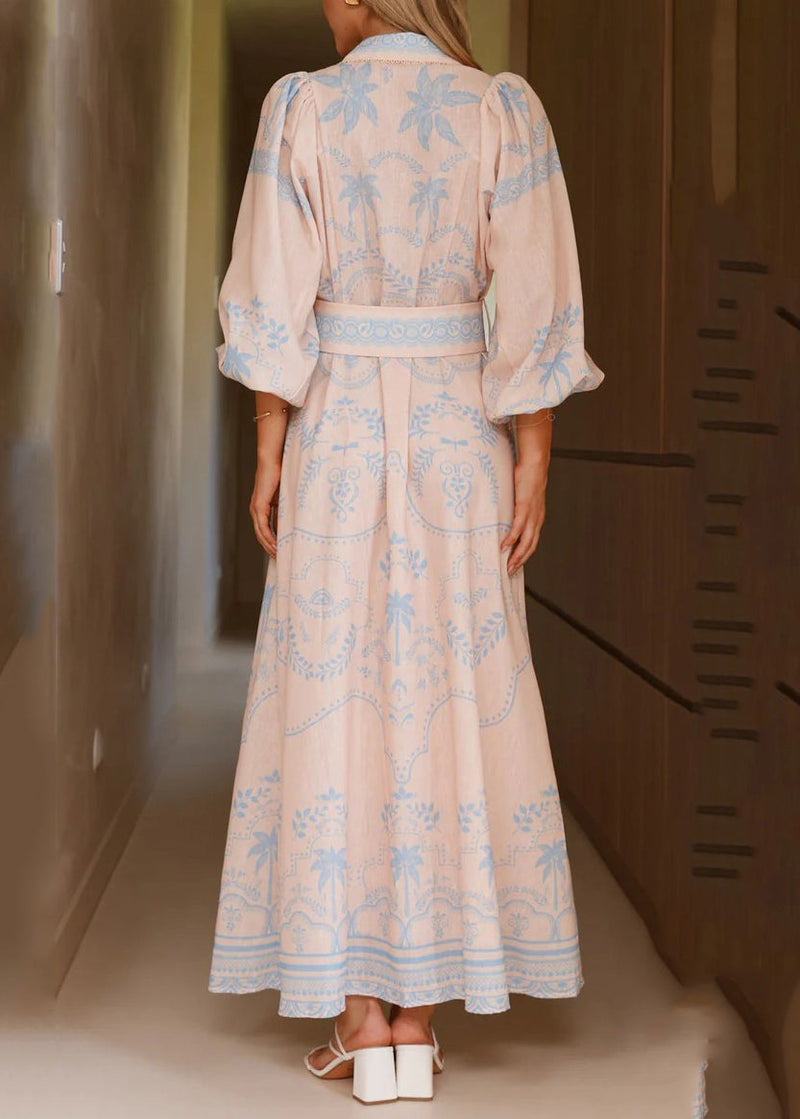 Blue Print Maxi Dresses Lantern Sleeve