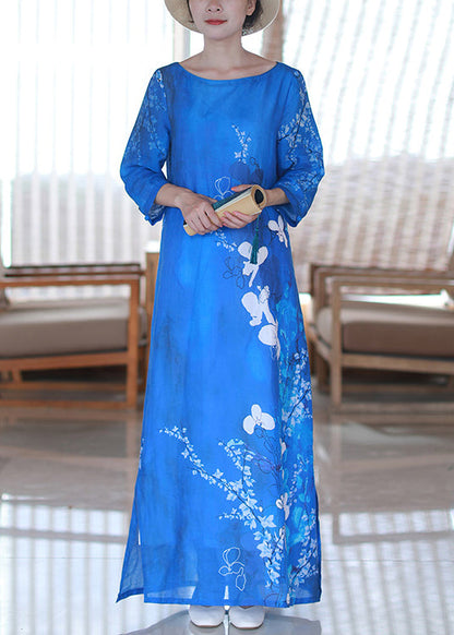 Blue Print Side Open Linen Dresses Bracelet Sleeve