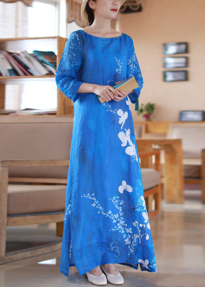 Blue Print Side Open Linen Dresses Bracelet Sleeve