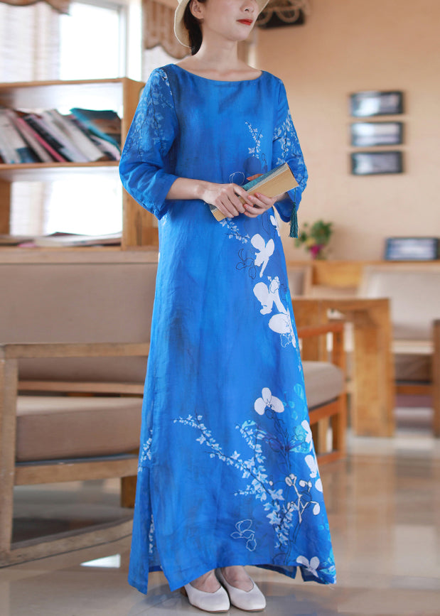 Blue Print Side Open Linen Dresses Bracelet Sleeve