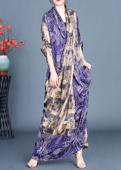 Blue Print Side Open Tie Waist Silk Long Dress Spring