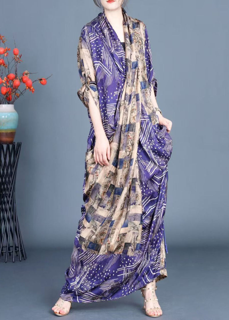 Blue Print Side Open Tie Waist Silk Long Dress Spring