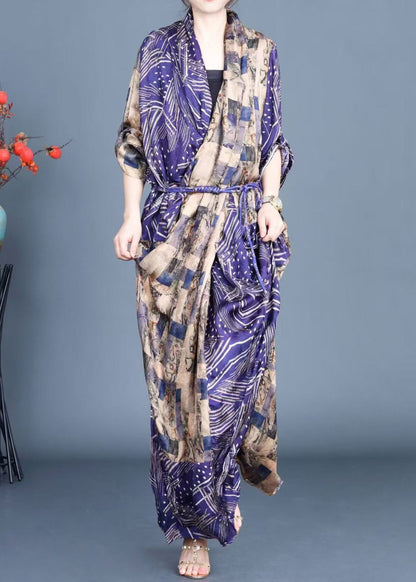Blue Print Side Open Tie Waist Silk Long Dress Spring