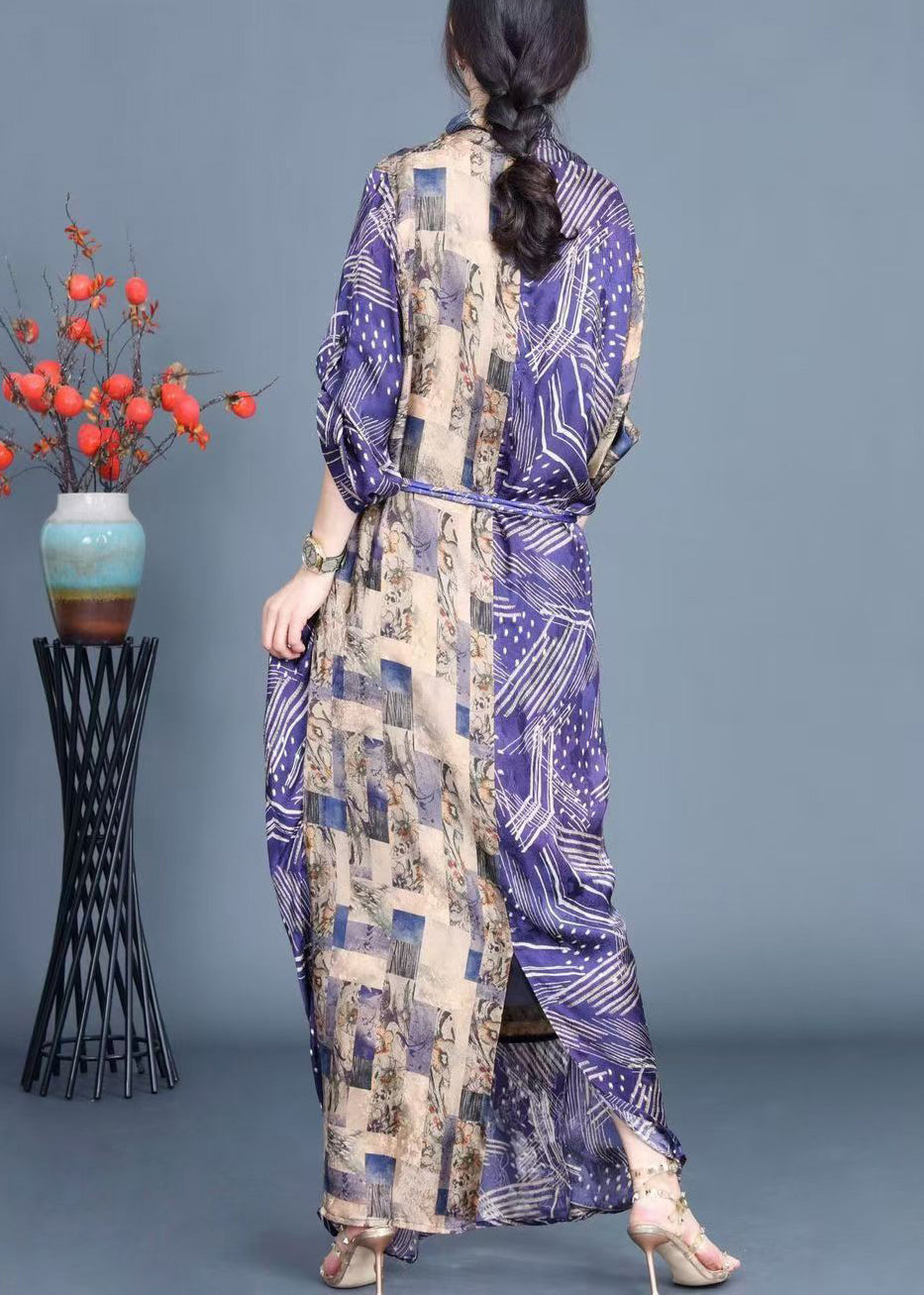 Blue Print Side Open Tie Waist Silk Long Dress Spring