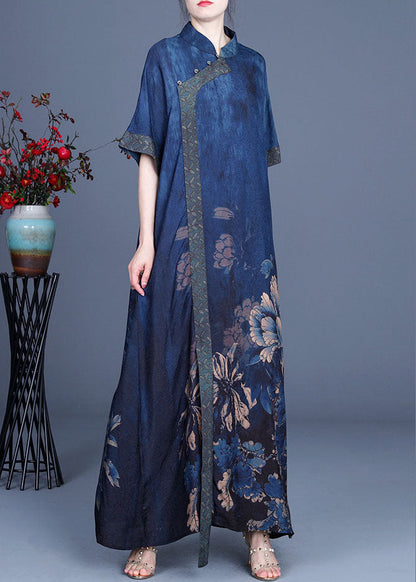 Blue Print Silk Dresses Half Sleeve