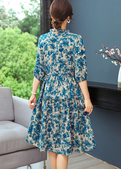 Blue Print Tunic Dresses Ruffled Summer