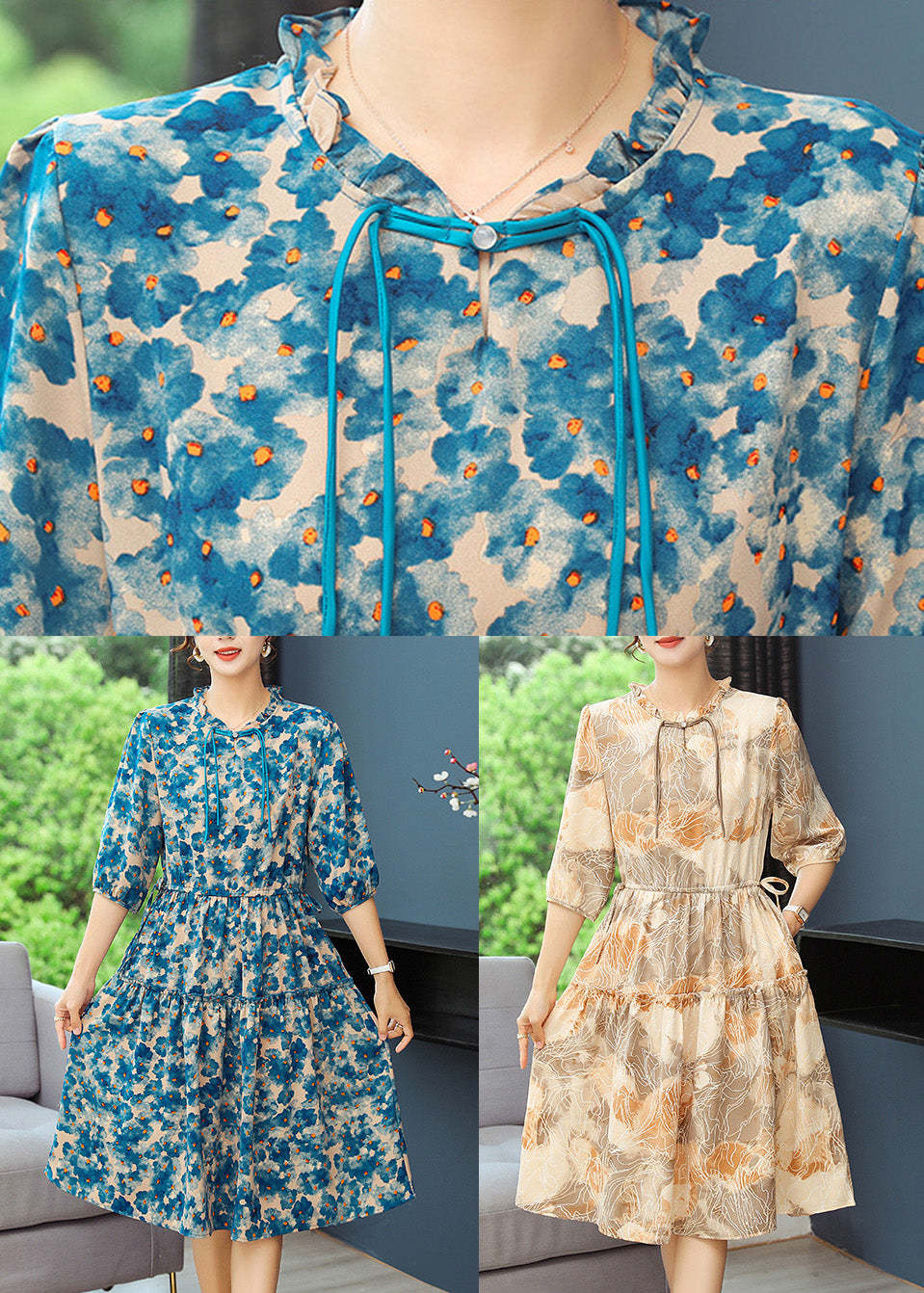 Blue Print Tunic Dresses Ruffled Summer