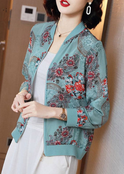 Blue Print Zippere Chiffon Sunscreen Sunscreen Coat Long Sleeve