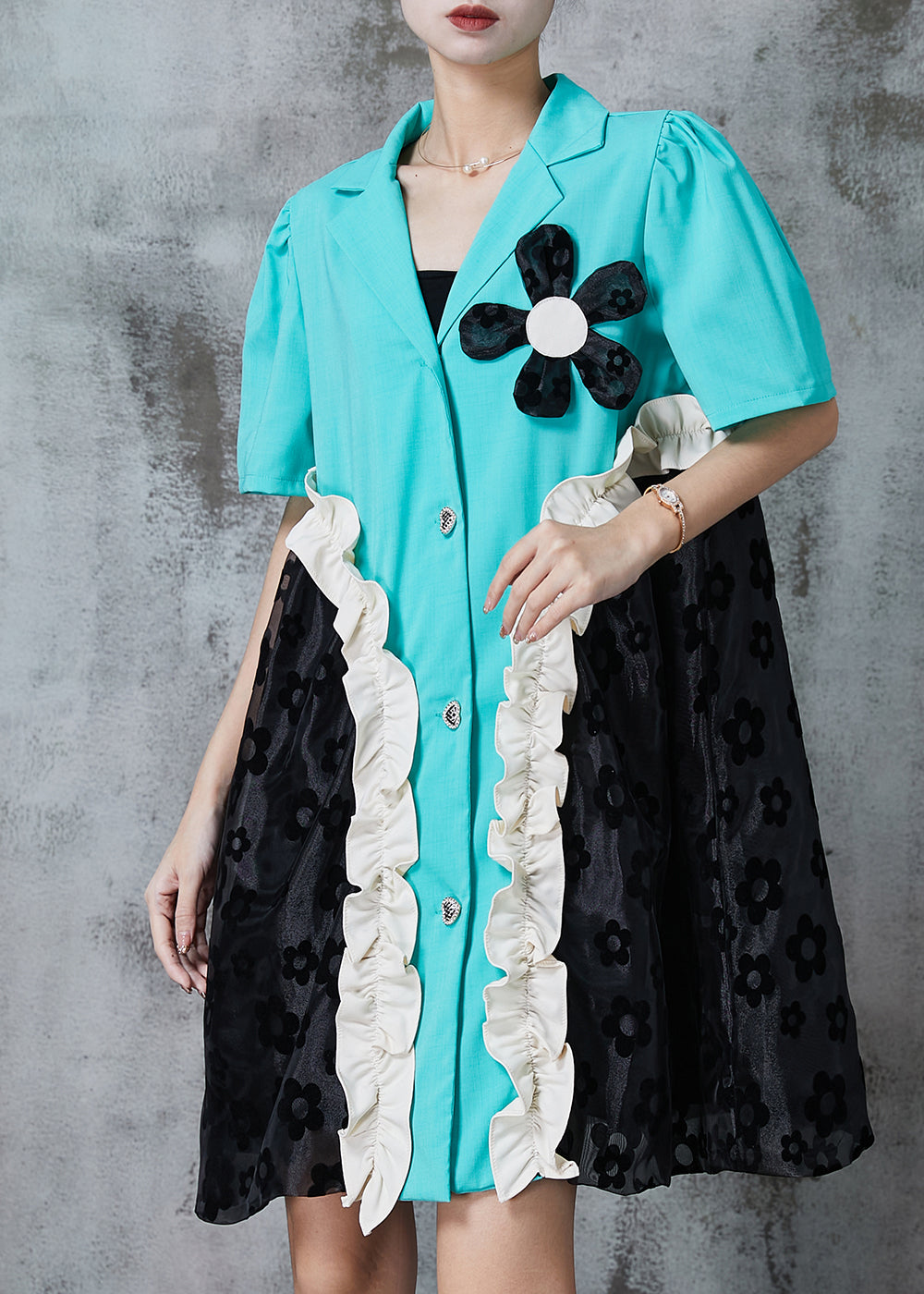 Blue Ruffled Patchwork Spandex Dress Summer