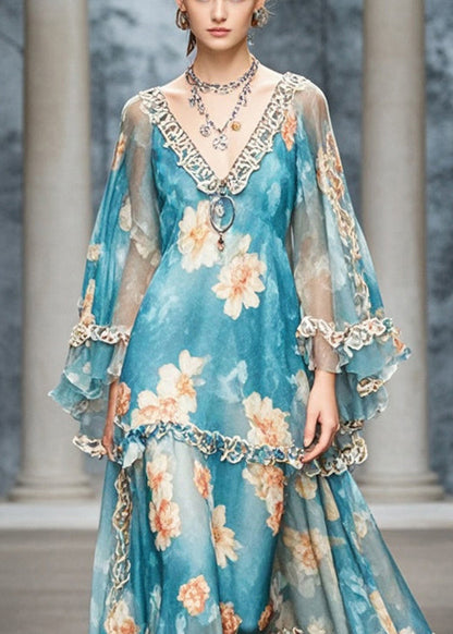 Blue Ruffled Print Chiffon Long Dress Fall