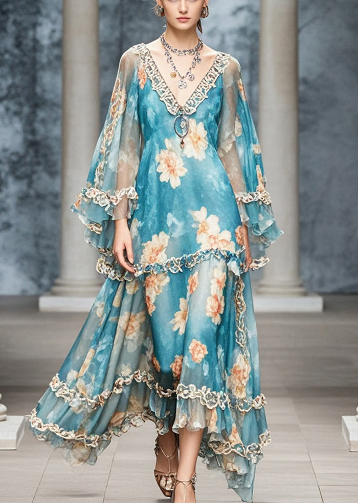 Blue Ruffled Print Chiffon Long Dress Fall