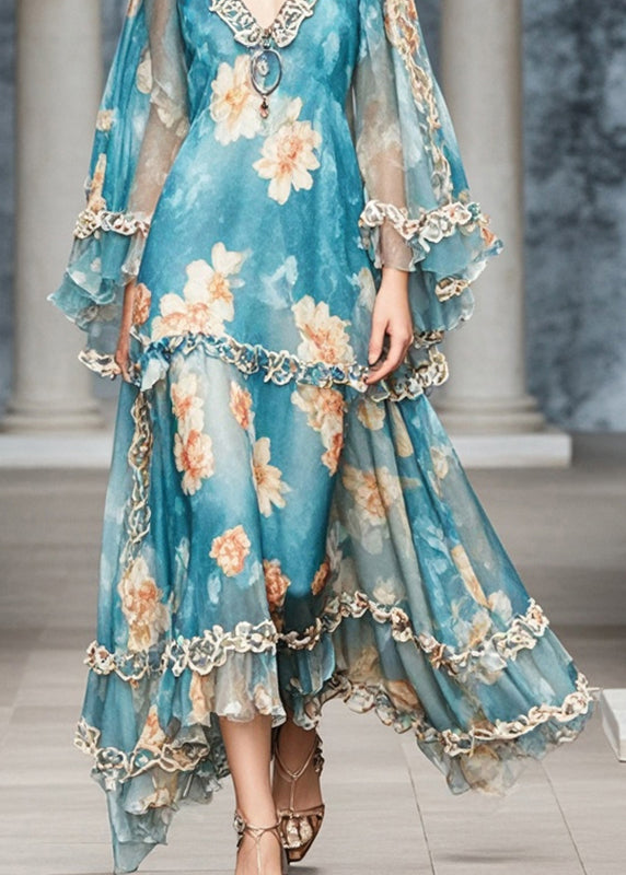 Blue Ruffled Print Chiffon Long Dress Fall