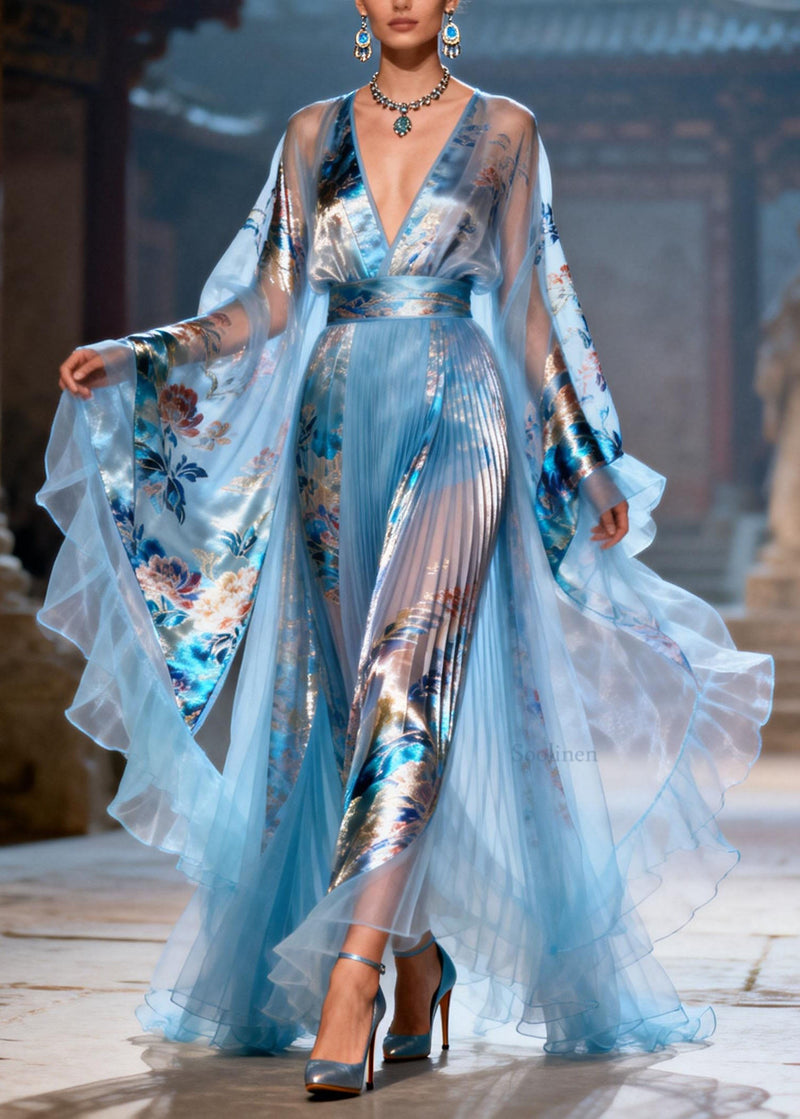 Blue Ruffled Print Chiffon Maxi Dresses Summer