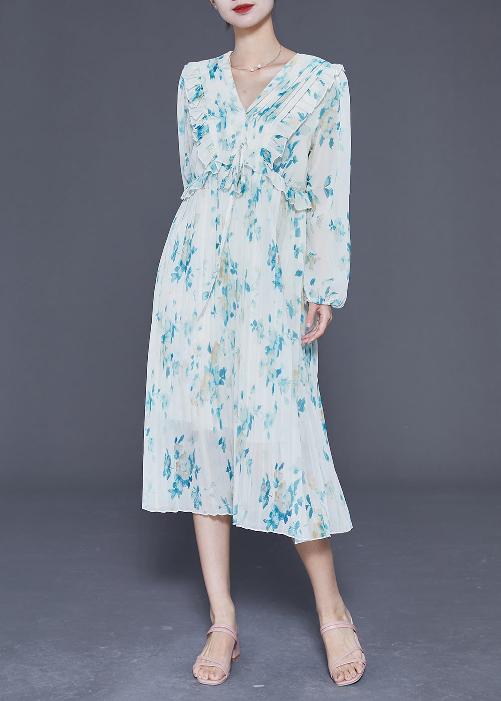 Blue Ruffled Print Wrinkled Chiffon Party Dress Summer