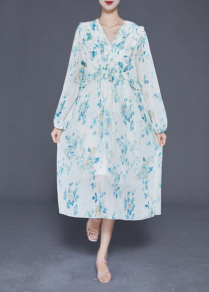 Blue Ruffled Print Wrinkled Chiffon Party Dress Summer