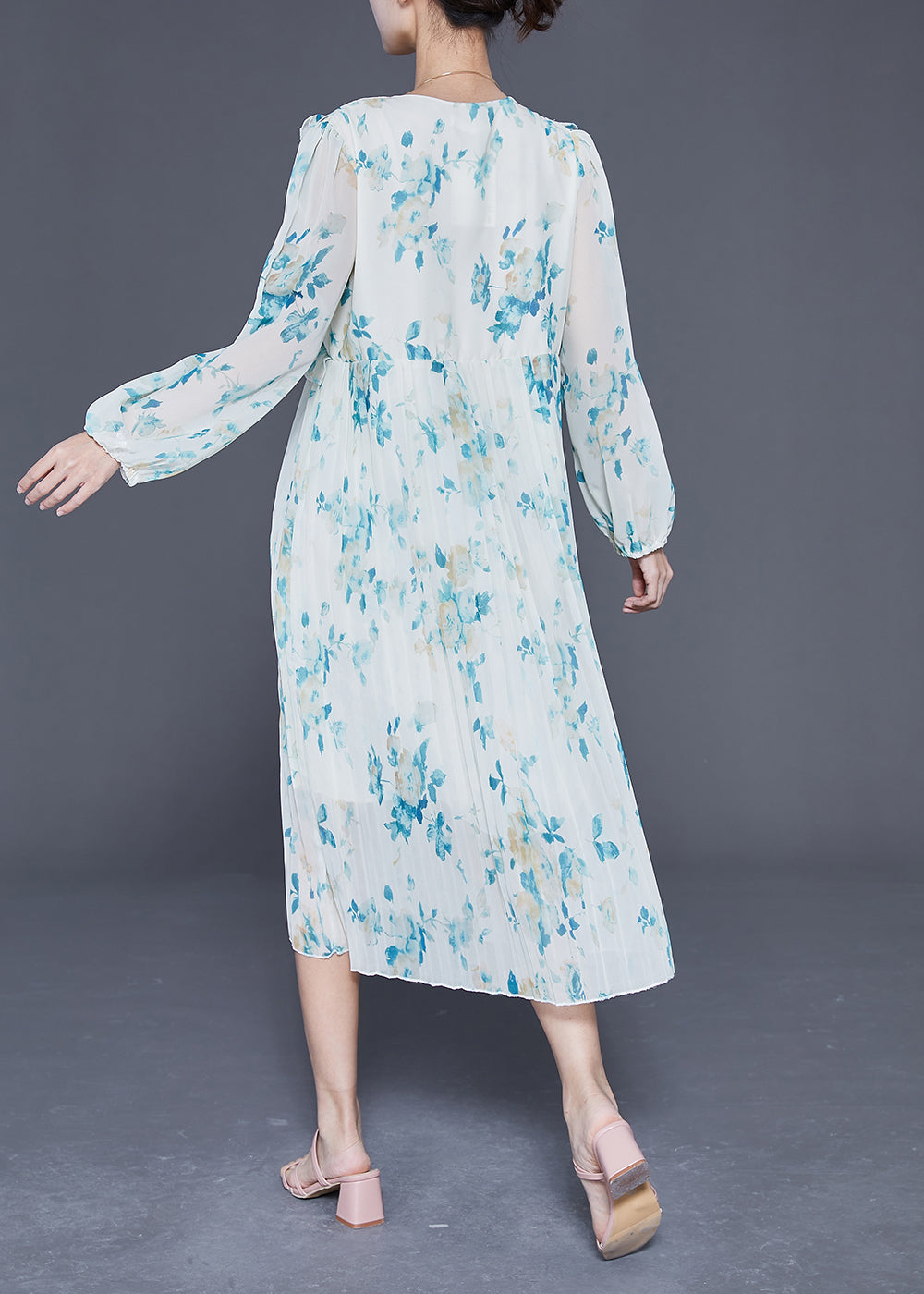Blue Ruffled Print Wrinkled Chiffon Party Dress Summer