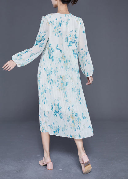 Blue Ruffled Print Wrinkled Chiffon Party Dress Summer