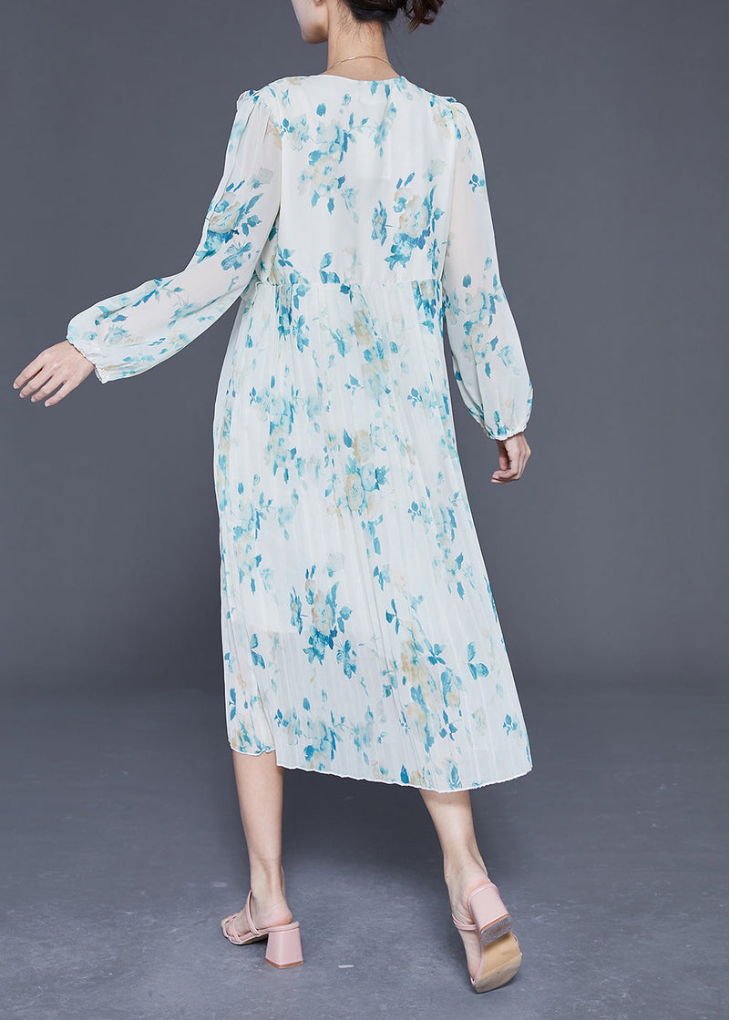 Blue Ruffled Print Wrinkled Chiffon Party Dress Summer
