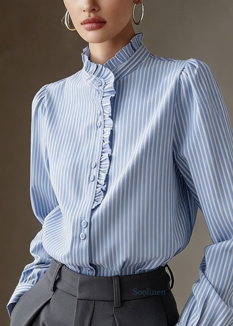 Blue Ruffled Striped Cotton Shirt Tops Spring