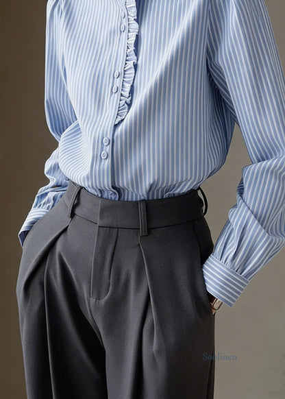 Elegant Blue Ruffled Striped Cotton Shirt Tops Spring