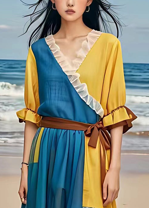 Blue Ruffled Tie Waist Patchwork Chiffon Dress Flare Sleeve
