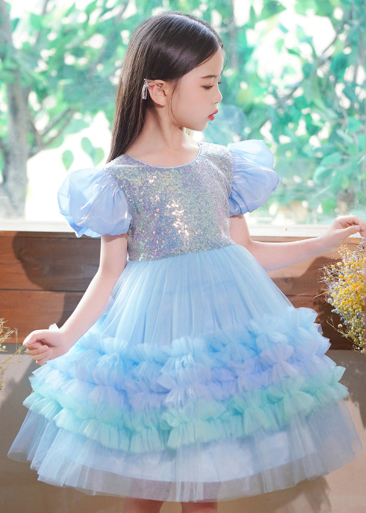 Blue Ruffled Tulle Kids Long Dress Puff Sleeve
