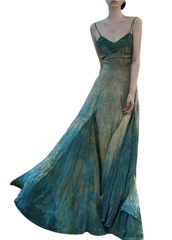 Blue Slash Neck Tie Dye Spaghetti Strap Maxi Dress Sleeveless
