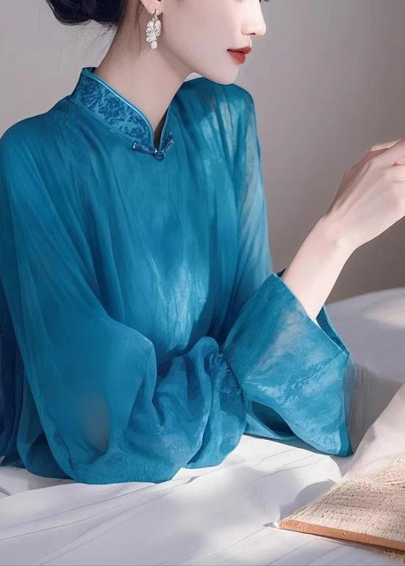 Elegant Blue Stand Collar Chiffon Shirts Spring