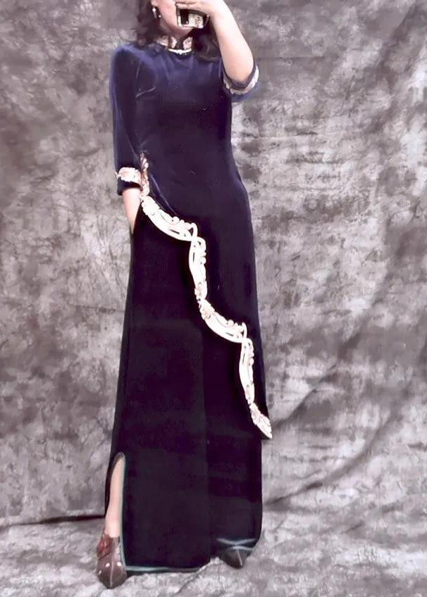 Blue Stand Collar Embroideried Asymmetrical Top and Wide Leg Pants Silk Velour Two Piece Set Spring