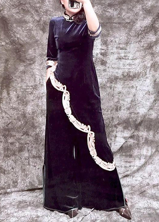 Blue Stand Collar Embroideried Asymmetrical Top and Wide Leg Pants Silk Velour Two Piece Set Spring