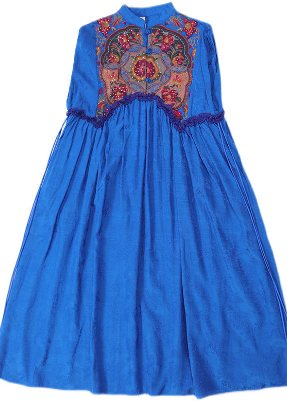 Blue Stand Collar Embroideried Drawstring Satin Dress Long Sleeve