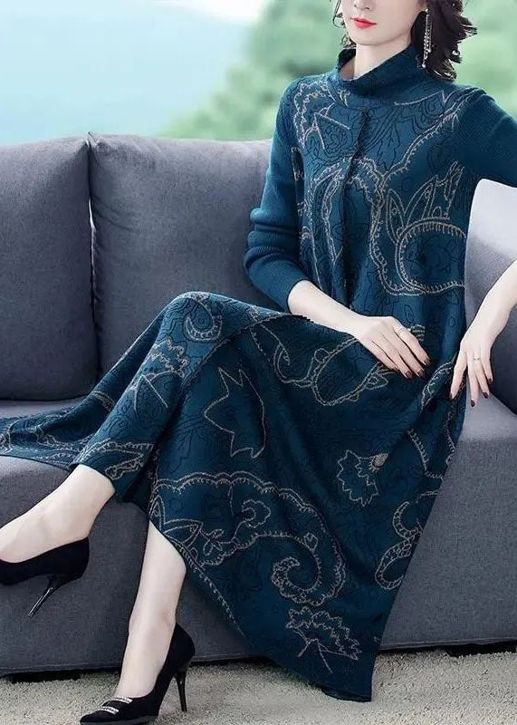 Blue Stand Collar Print Exra Large Hem Cotton Blend Knit Sweater Dress Winter