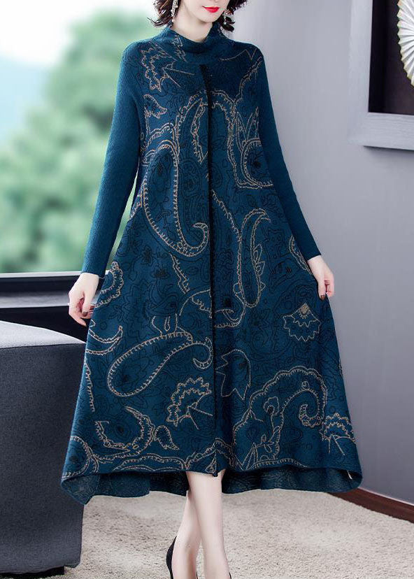 Blue Stand Collar Print Exra Large Hem Cotton Blend Knit Sweater Dress Winter