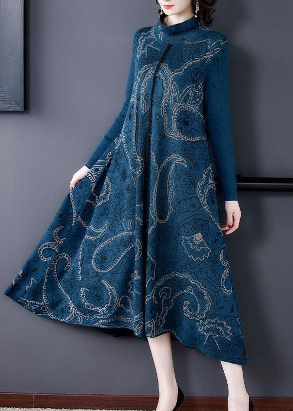 Blue Stand Collar Print Exra Large Hem Cotton Blend Knit Sweater Dress Winter