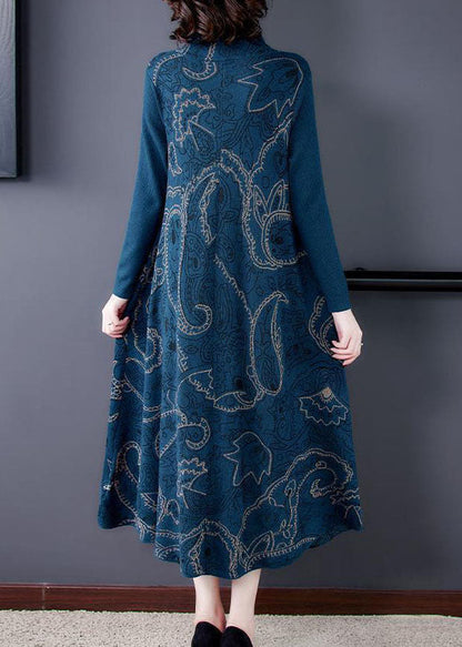Blue Stand Collar Print Exra Large Hem Cotton Blend Knit Sweater Dress Winter