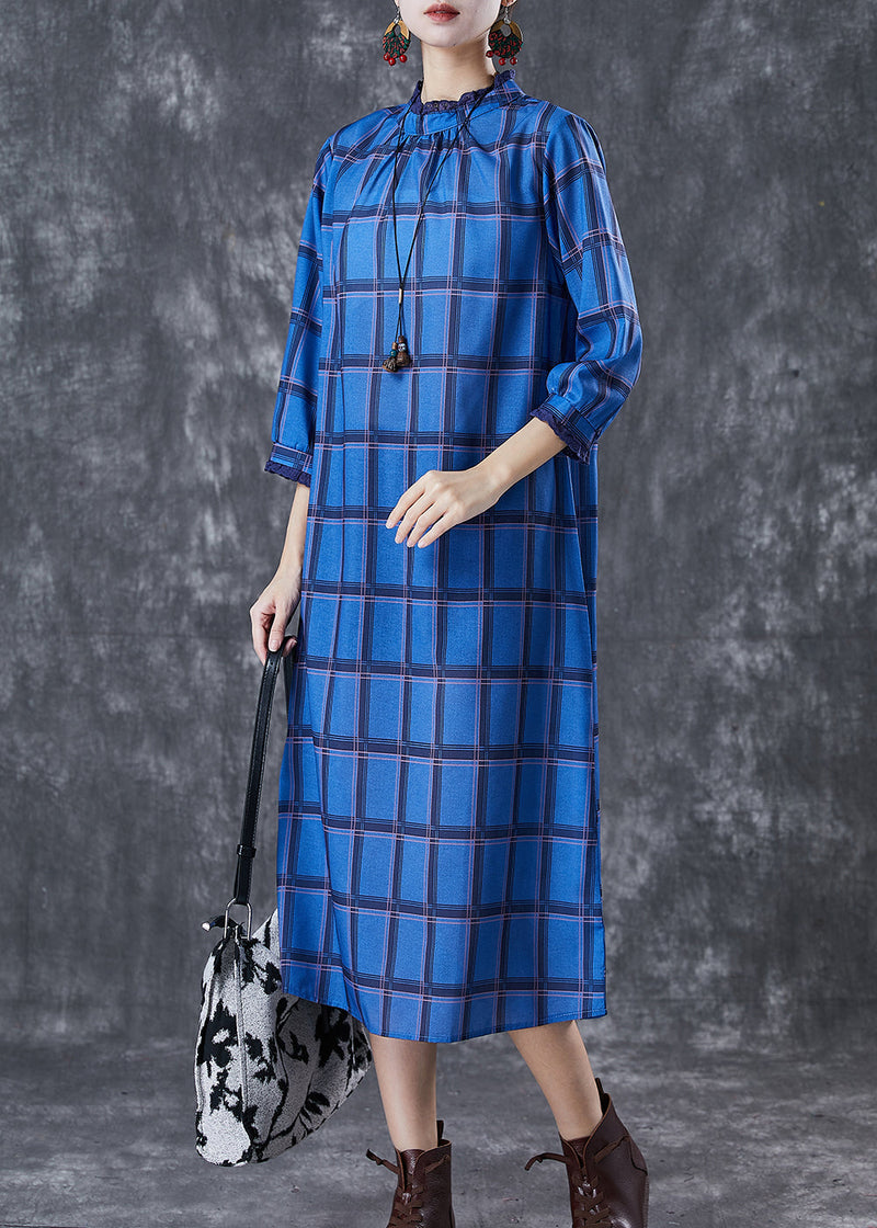 Blue Stand Collar Print Linen Dress Bracelet Sleeve