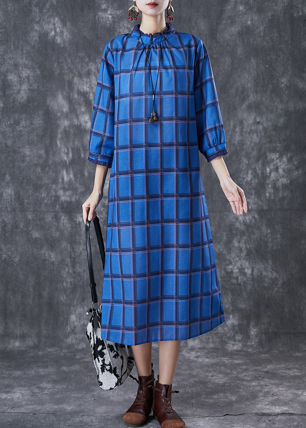 Blue Stand Collar Print Linen Dress Bracelet Sleeve