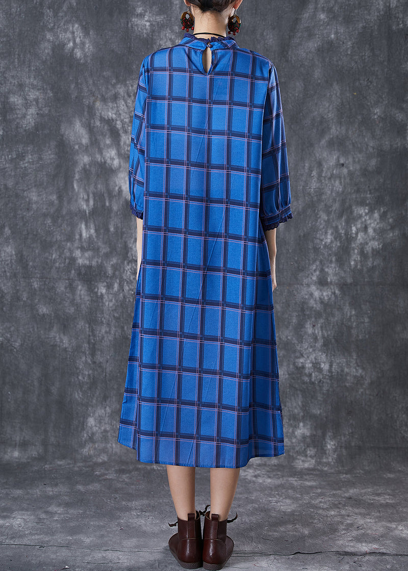 Blue Stand Collar Print Linen Dress Bracelet Sleeve