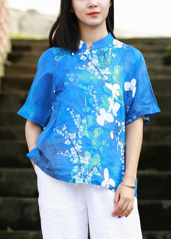 Blue Stand Collar Print Side Open Shirt Short Sleeve