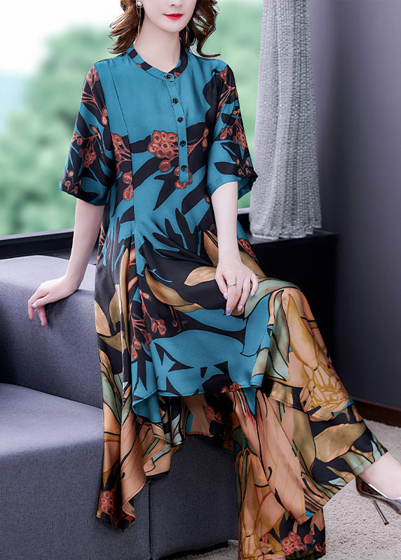 Blue Stand Collar Print Silk Shirt and Wide Leg Pants Two-piece Set Half Sleeve