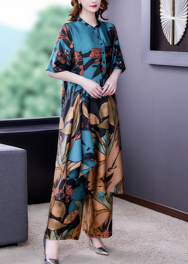 Blue Stand Collar Print Silk Shirt and Wide Leg Pants Two-piece Set Half Sleeve