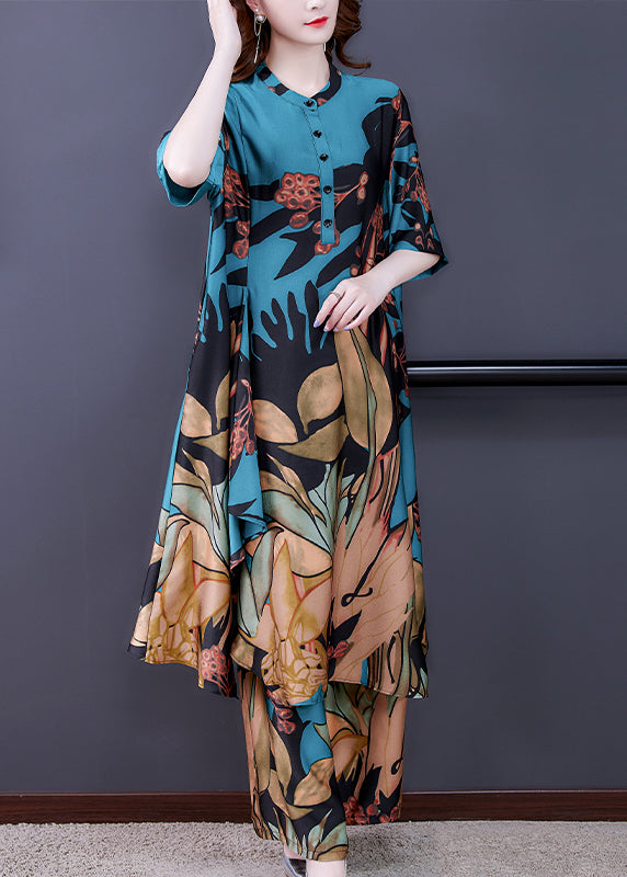 Blue Stand Collar Print Silk Shirt and Wide Leg Pants Two-piece Set Half Sleeve
