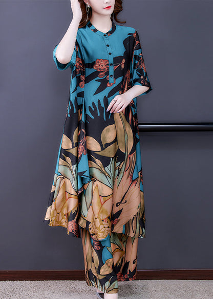 Blue Stand Collar Print Silk Shirt and Wide Leg Pants Two-piece Set Half Sleeve