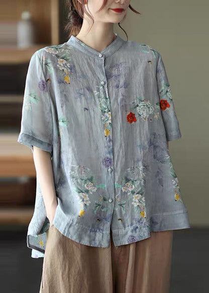 Blue- Flower2 Stand Collar Print Tops Half Sleeve