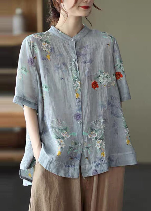 Purple Flower Stand Collar Print Tops Half Sleeve